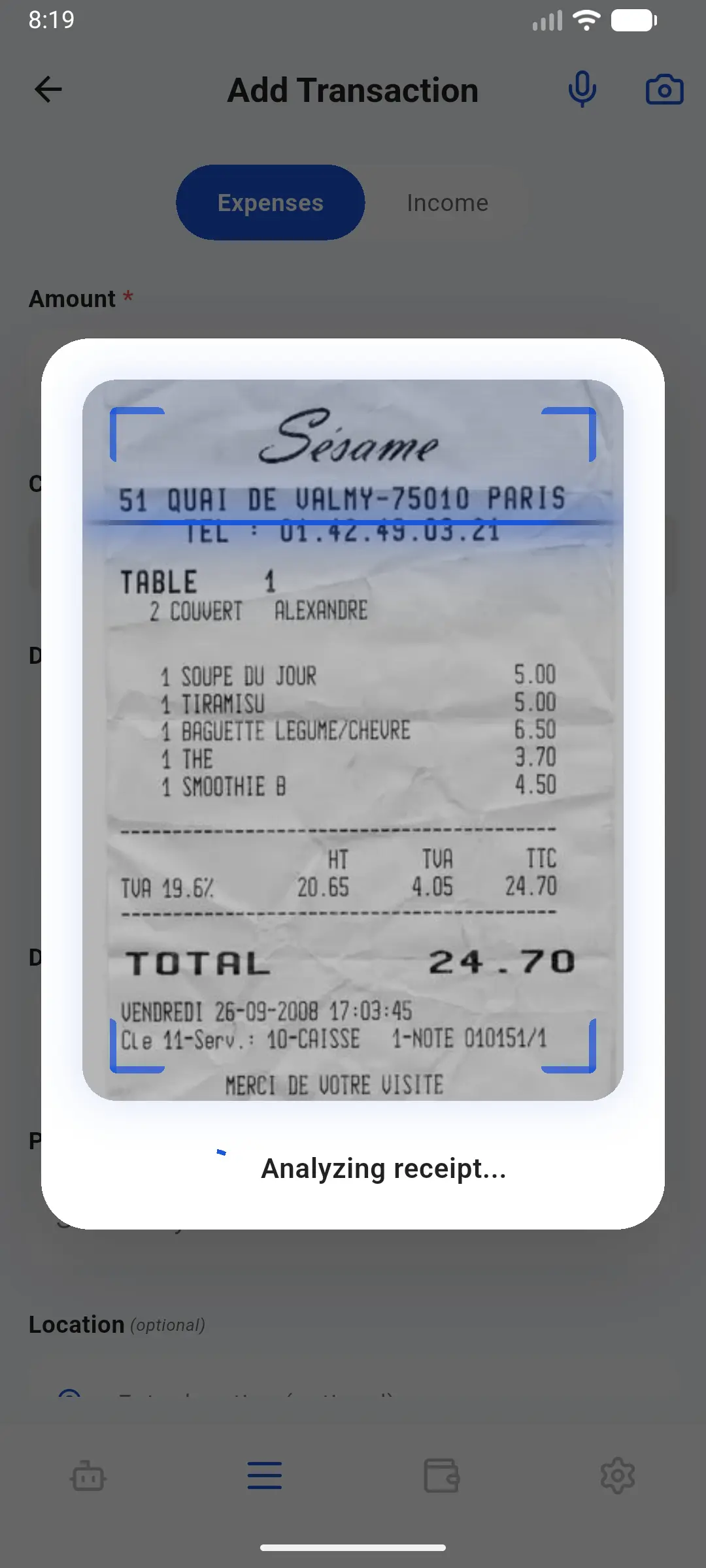 Snap the receipt. The agent logs it.